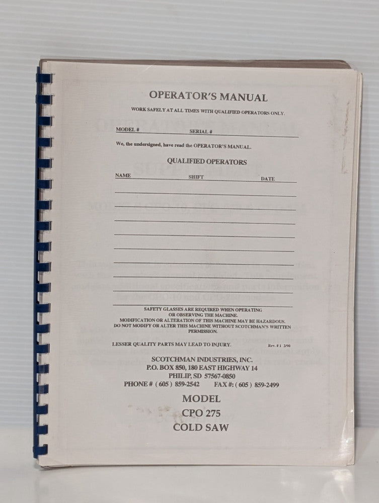 Scotchman Industries Model CPO-275 Cold Saw 1997 Operator's Manual w/ Supplement