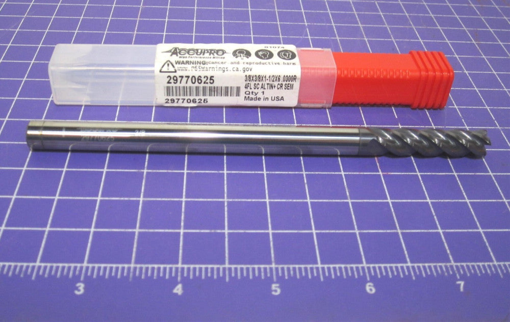 3/8" Solid Carbide 4F Corner Radius End Mill 1-1/2" LOC 0.0300" Radius 40° Helix