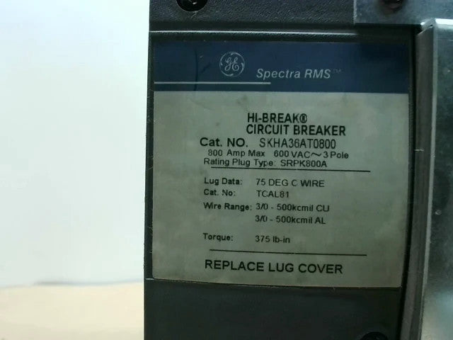 GE Spectra RMS SKHA36AT0800 800A SRPK800A800 600V 3P Hi-Break Circuit Breaker