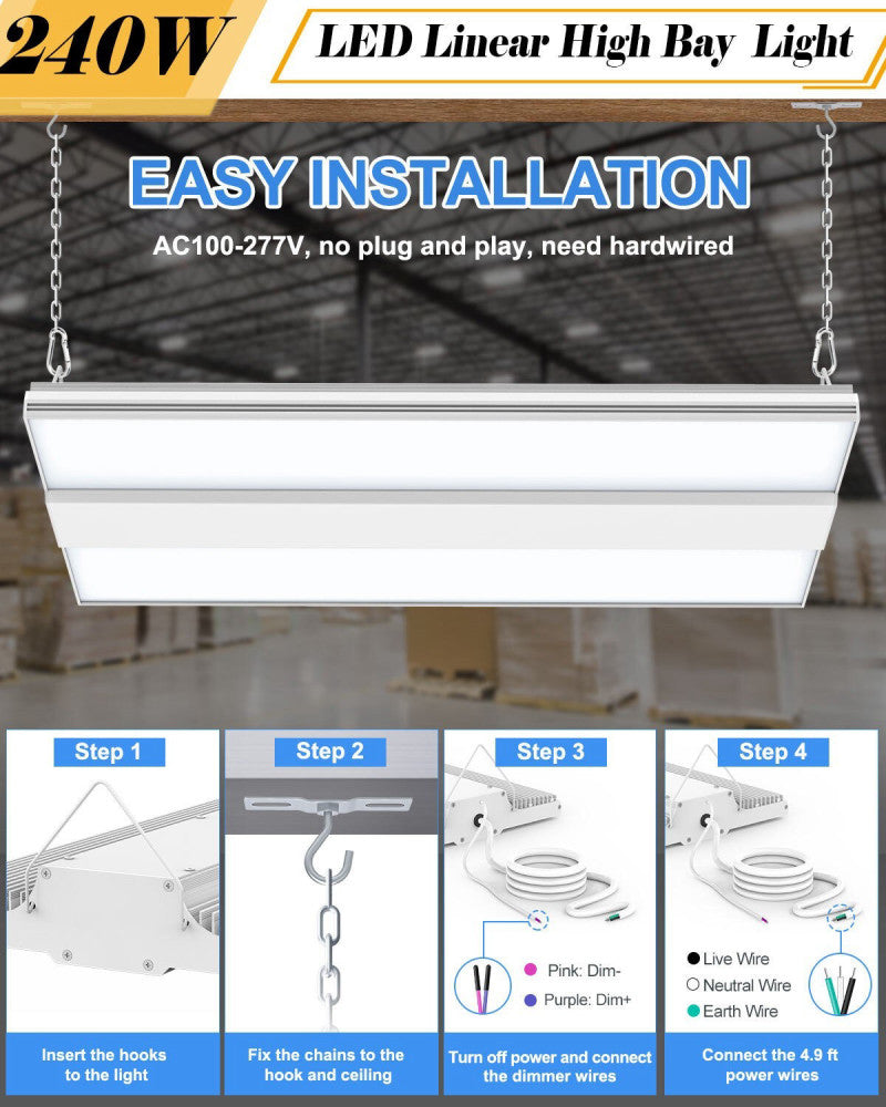 240W LED Linear High Bay Light Dimmable Commercial Warehouse Shop Lamp,100-277AC