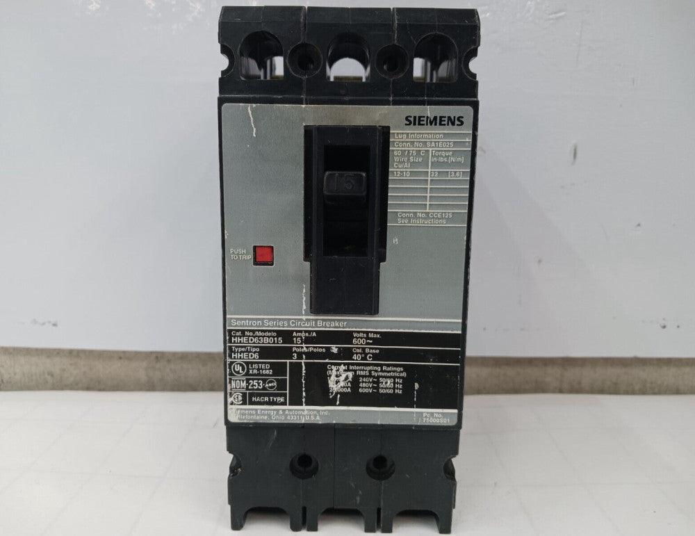 SIEMENS 15 AMP CIRCUIT BREAKER 3 POLE 600 VAC HHED63B015
