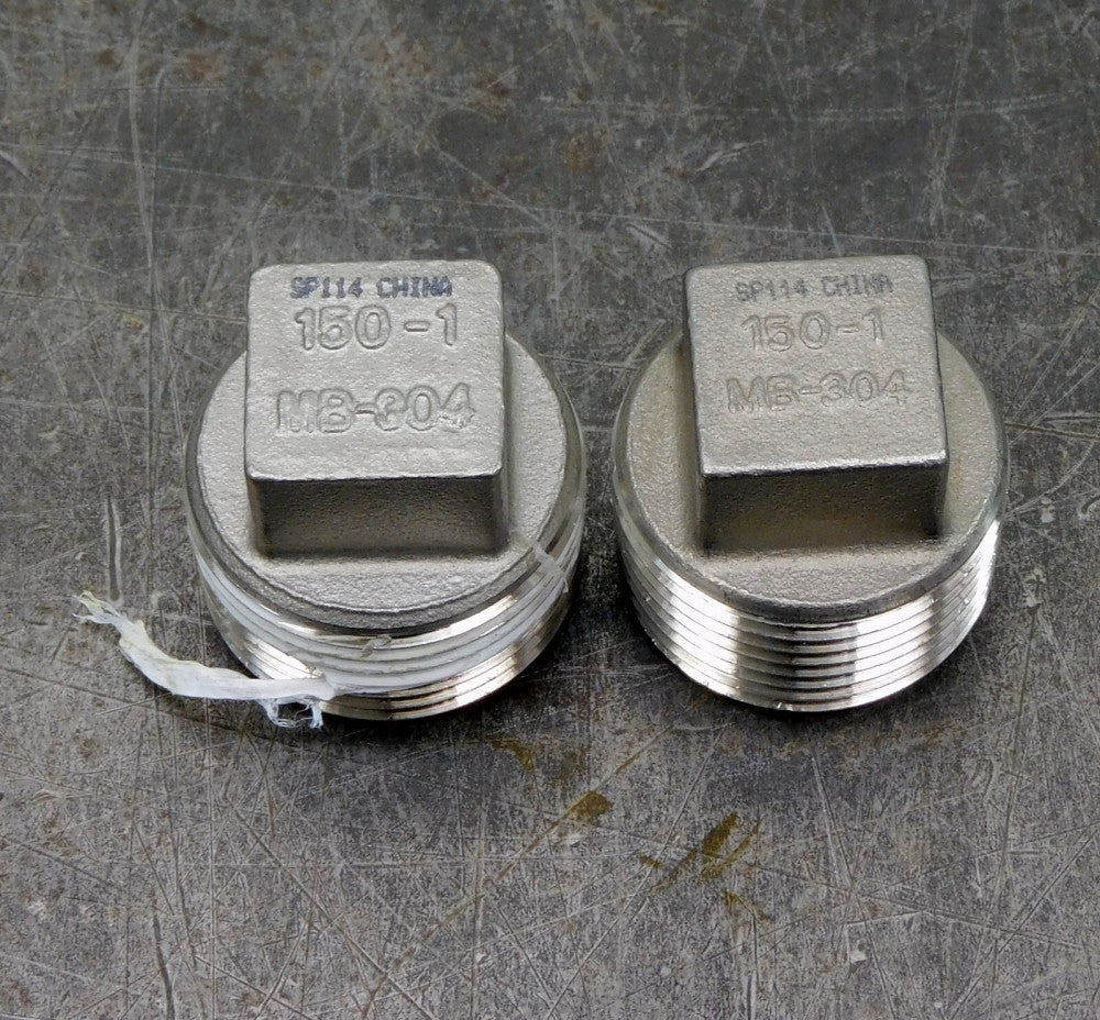 Lot of Two (2) 1" NPT Low Pressure 304SS Stainless Steel Square Head Plug 150PSI