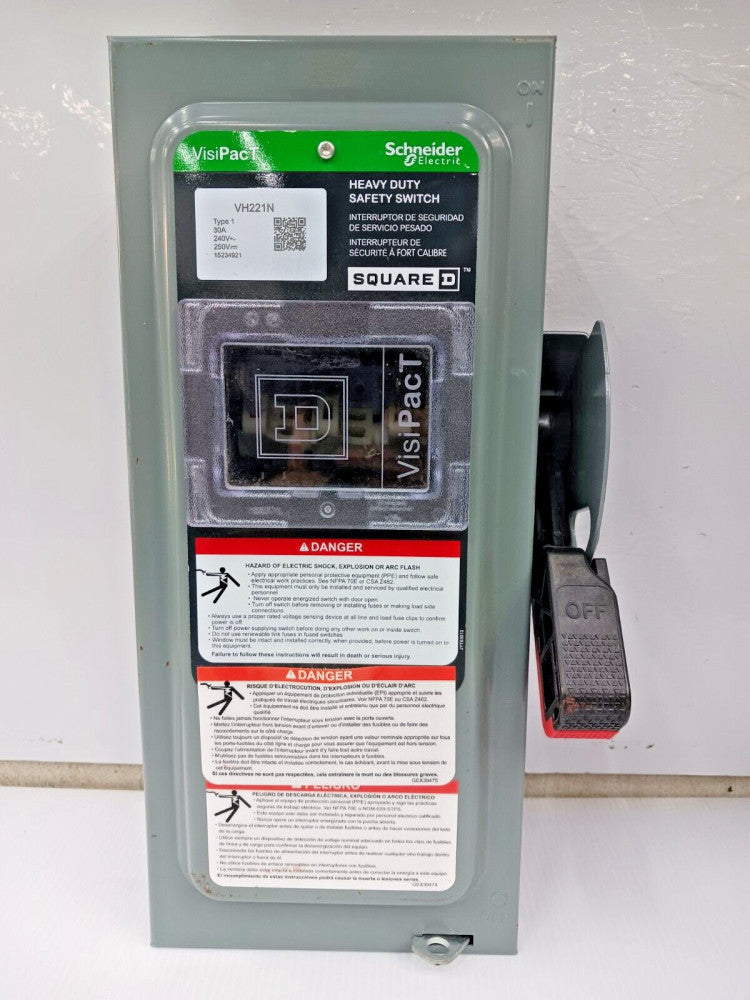 SQUARE D 30 AMP FUSIBLE SAFETY SWITCH DISCONNECT 3 PHASE 240 VAC/ 250 VDC VH221N