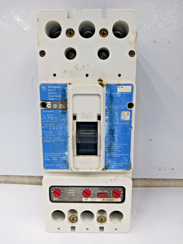 WESTINGHOUSE 250 AMP CIRCUIT BREAKER 3 POLE 600 VAC JD3250F W/ 200 A TRIP