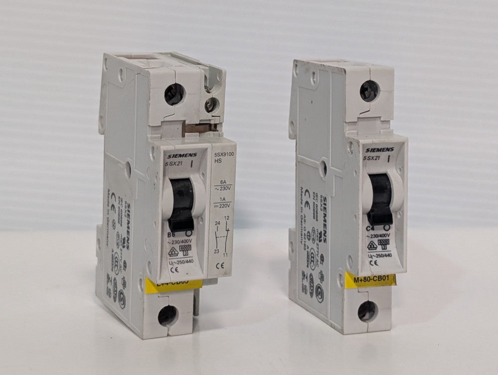 Lot of 2 Siemens 5SX21 and 5SX21 + 5SX9100 HS Single Pole Circuit Breakers