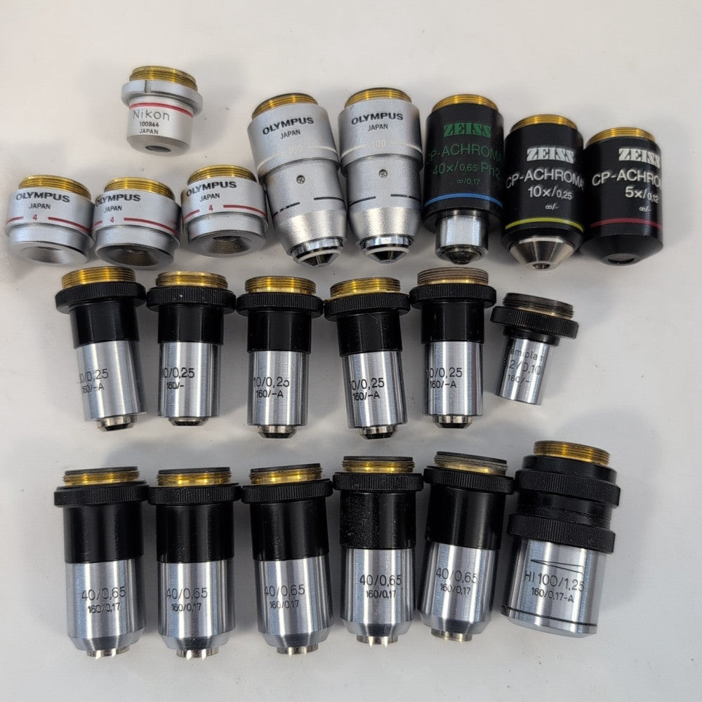 Lot of Assorted Microscope Objectives (Olympus, Nikon, Zeiss, AusJena) (PARTS)