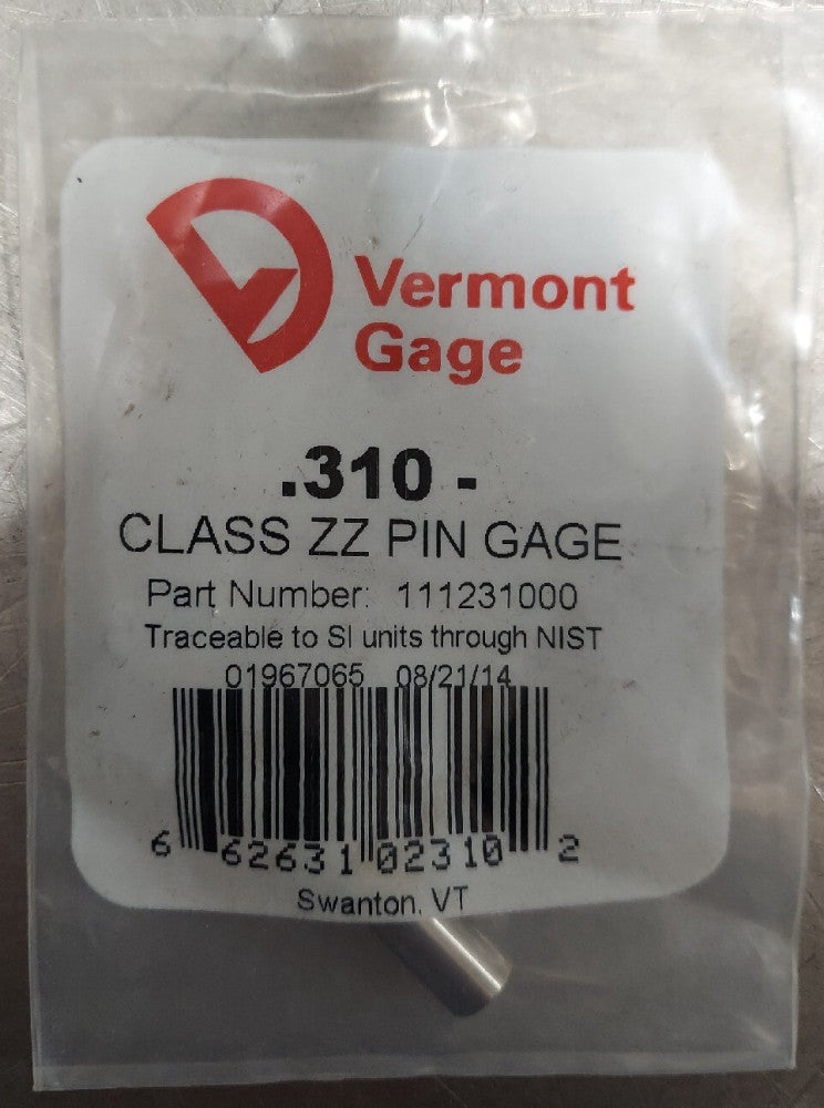Vermont Gage P/N 111231000 - .310- Class ZZ Pin Gage