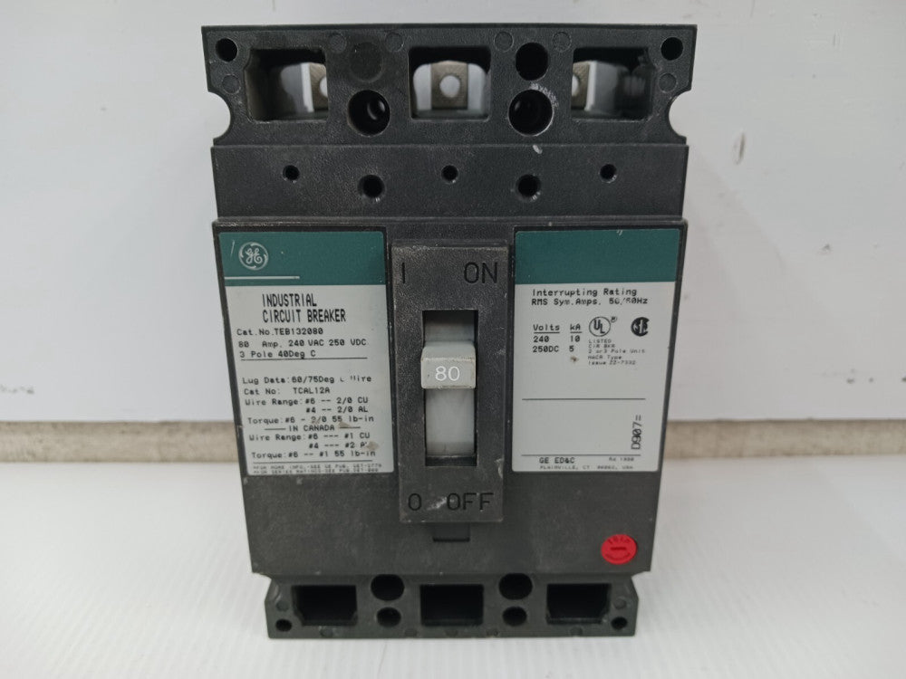 GE 80 AMP CIRCUIT BREAKER 3 POLE 240 VAC / 250 VDC 10kA TEB132080