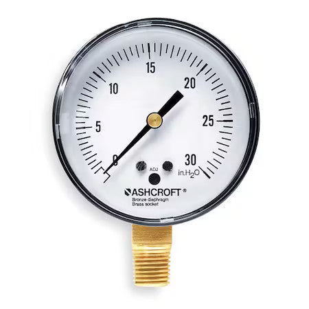 Ashcroft 25 1490A 02L 30" H20 Low Pressure Gauge, 0 To 30 Psi, 2 1/2 In Dial,