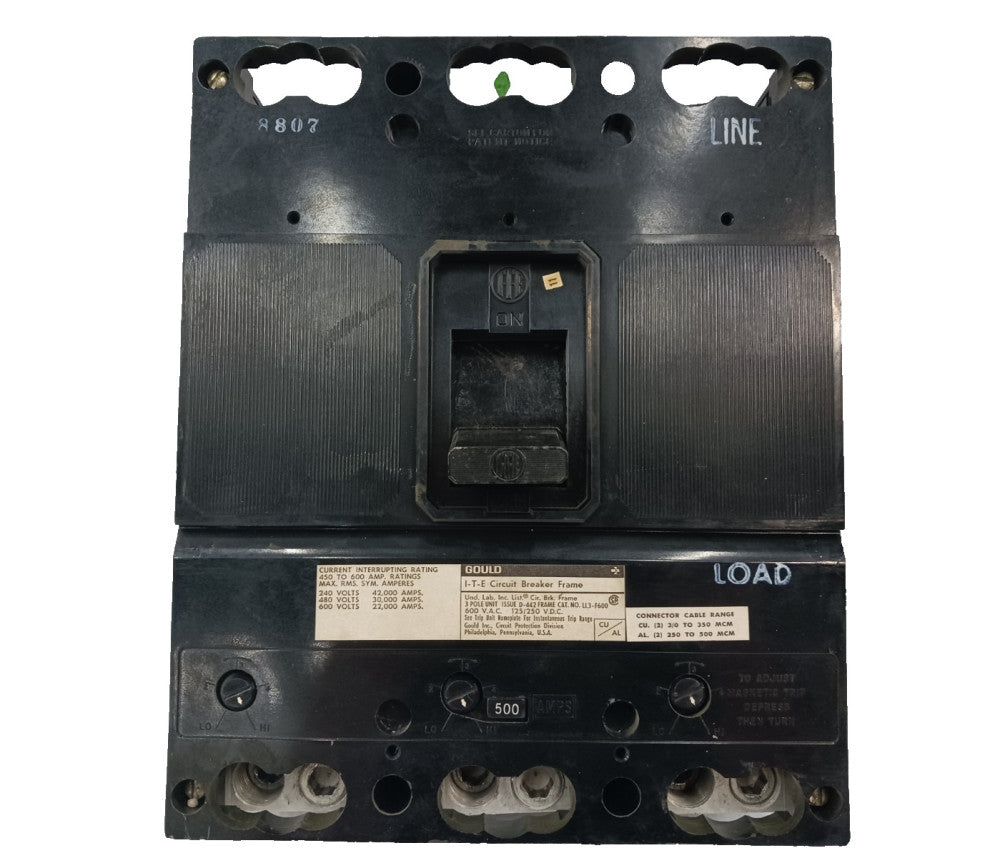 Gould ITE 600 Amp Circuit Breaker With 500 Amp Trip 600 VAC 3 Pole LL3-F600