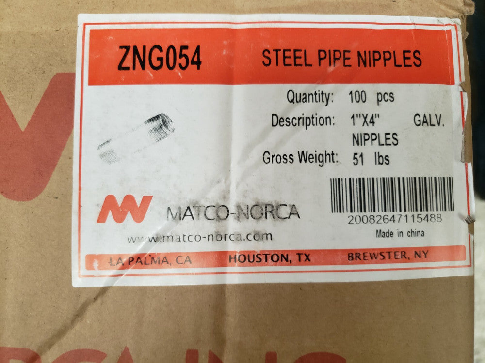MATCO-NORCA ZNG054 1 x 4 in. Threaded Galvanized Steel Pipe Nipple (CASE OF 100)