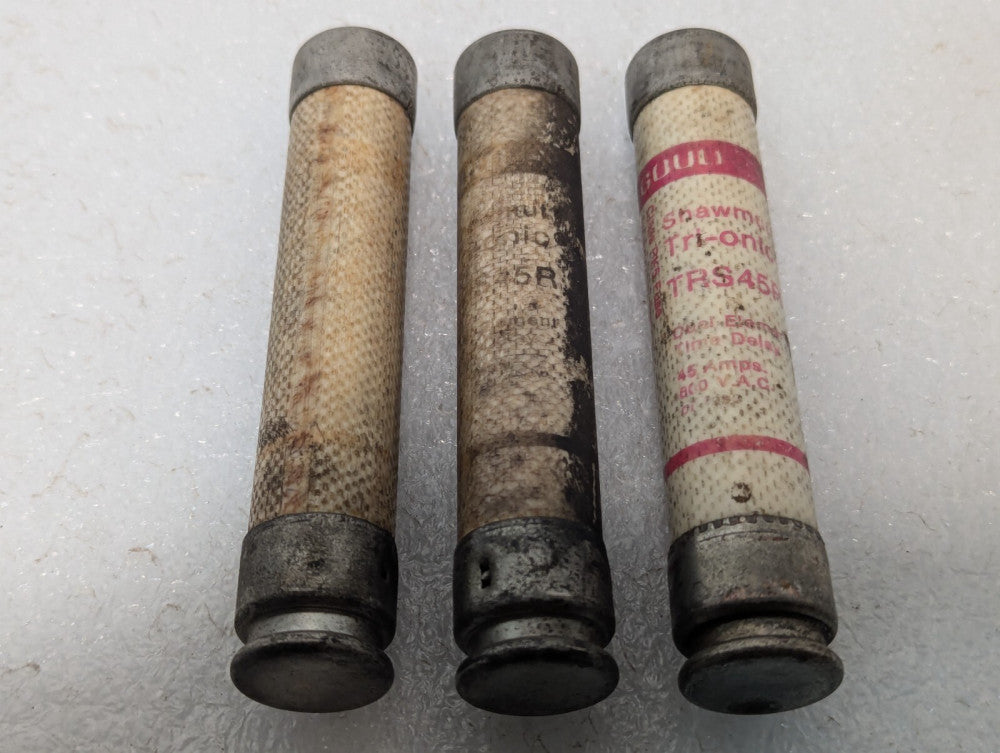 Lot of 3 Gould Shawmut TRS45R Time Delay Dual Element Fuses, 45A, 600vac, RK5