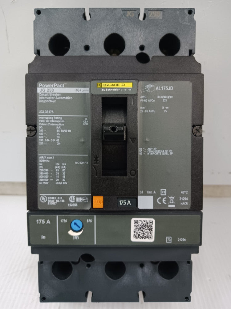 Square D PowerPact 175 Amp Circuit Breaker 3 Pole 600 VAC / 250 VDC JGL36175