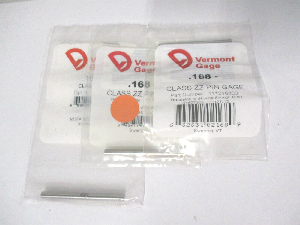 Vermont Gage (111216800) 0.168" Diam Class ZZ Minus Plug & Pin Gage - Lot of 3