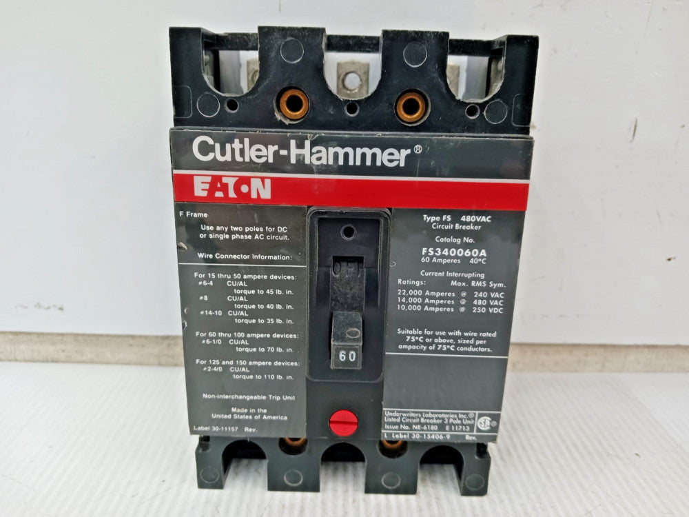 Eaton 60 Amp Circuit Breaker 3 Pole 480 VAC / 250 VDC 14kA FS340060A *Flaw*