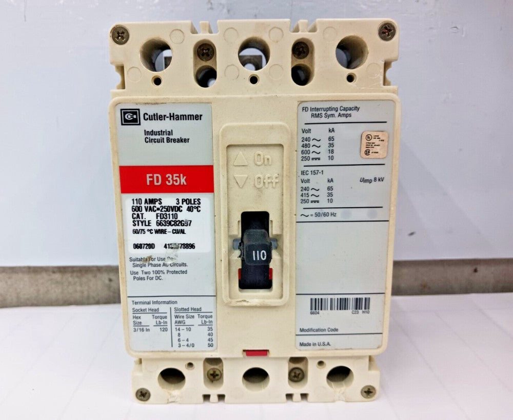 CUTLER HAMMER 110 AMP CIRCUIT BREAKER 3 POLE 600 VAC FD3110