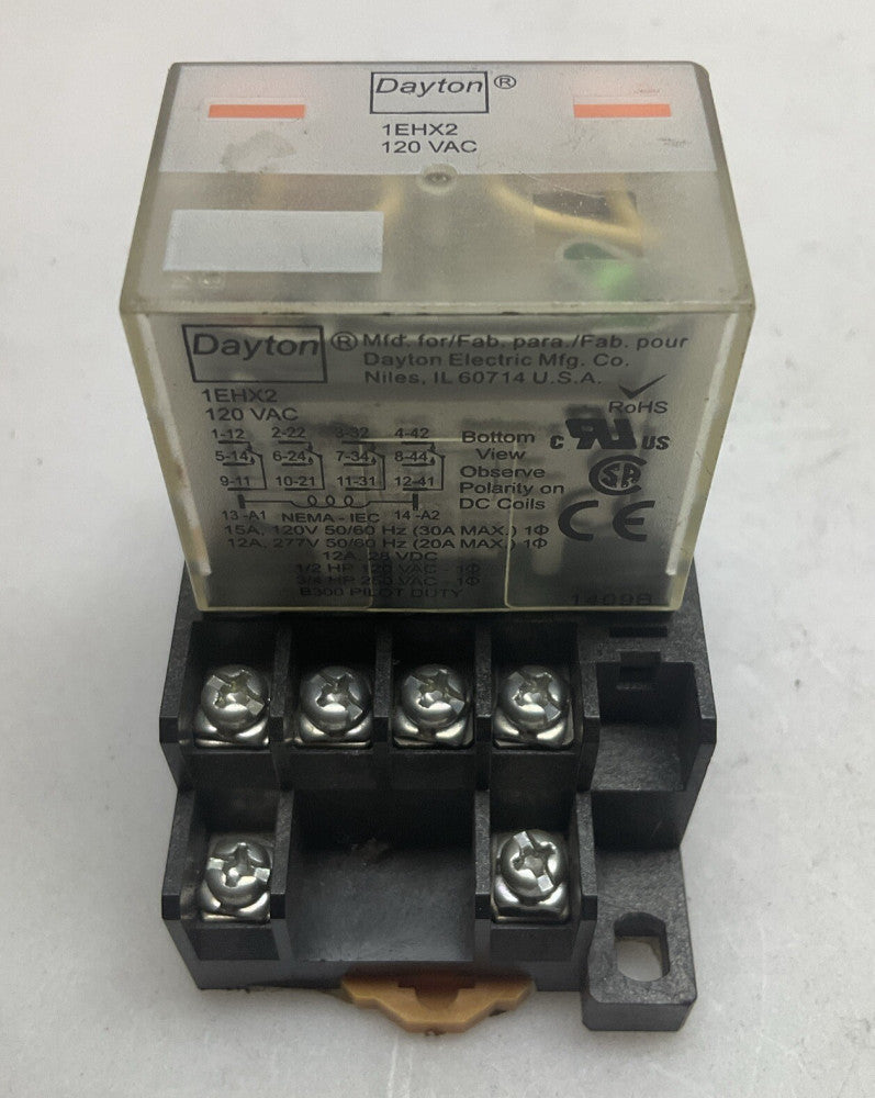 Dayton 1EHX2 Relay w/ Omron PTF14A Socket 12 Amp 120 Vac 14 Pos Din Rail