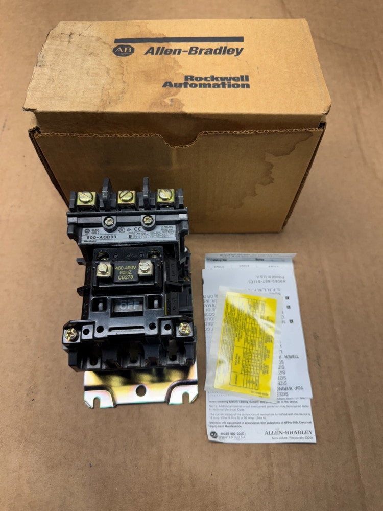 NEW IN BOX ALLEN-BRADLEY SIZE 0 CONTACTOR WITH 460-480V. COIL 500-AOB93 SERIES B