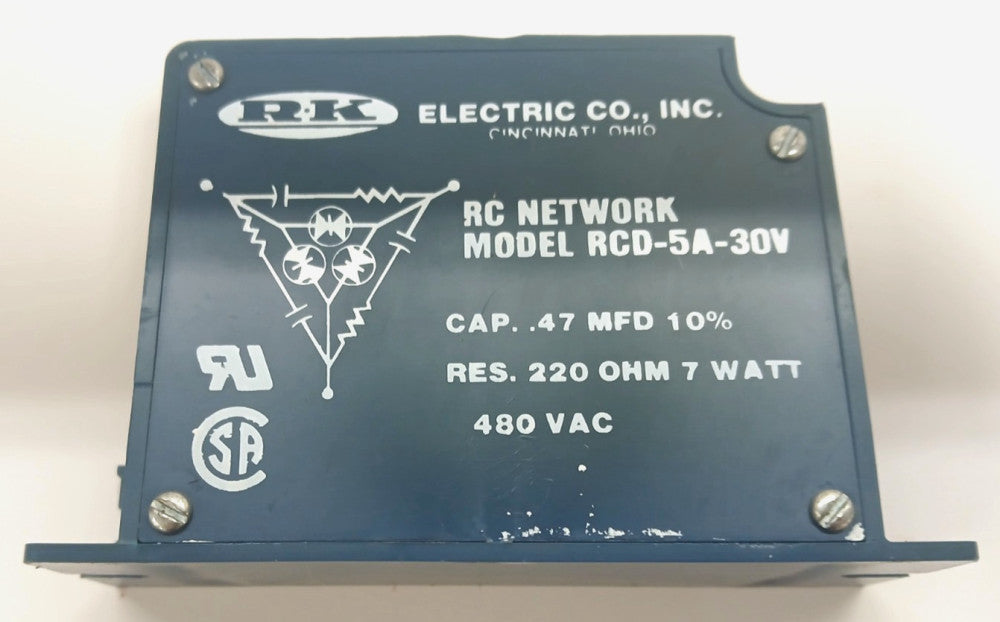 RK ELECTRIC RC NETWORK RCD-5A-30V CAP. .47 MFD 10% RES 220 OHM 7 WATT