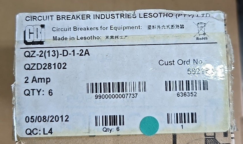 CBI Box of 6 QZD28102 2 POLE 2 AMP Circuit Breaker