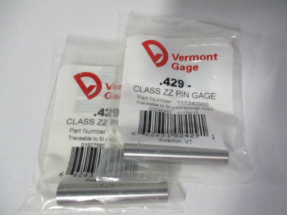 Vermont Gage (11124900) 0.429" Diam Class ZZ Minus Plug & Pin Gage - Lot of 2