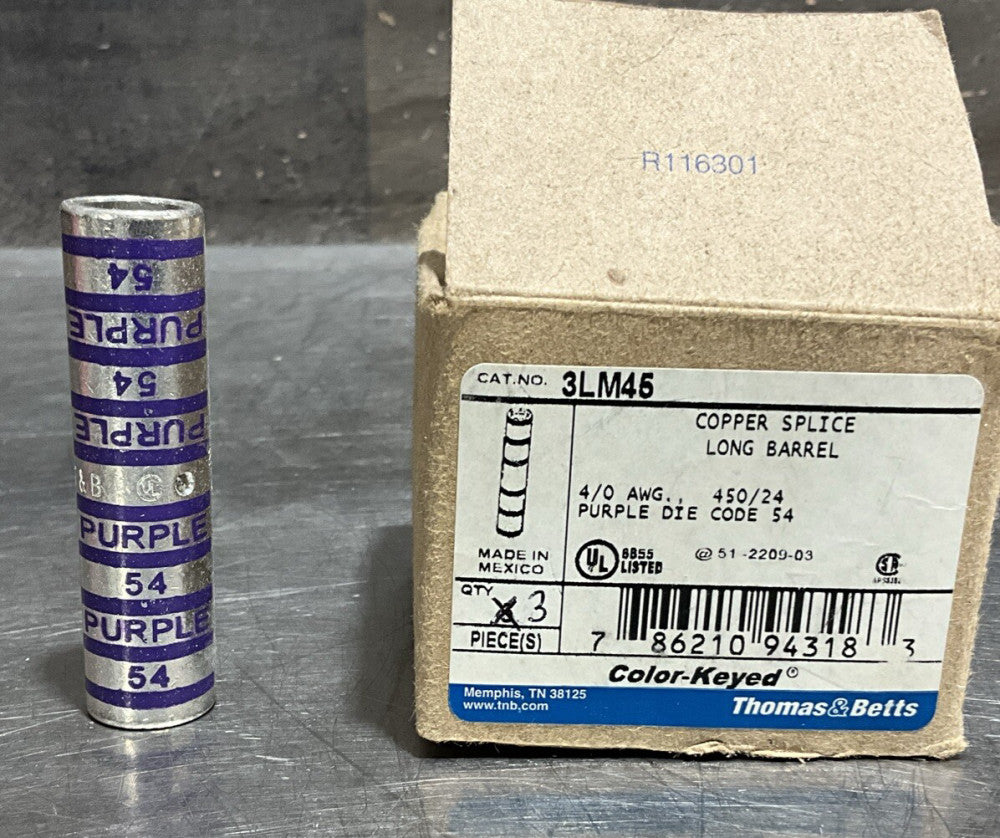 THOMAS & BETTS 3LM45 COPPER Long-Barrel Splice, Purple LOT OF 3, Nos Surplus