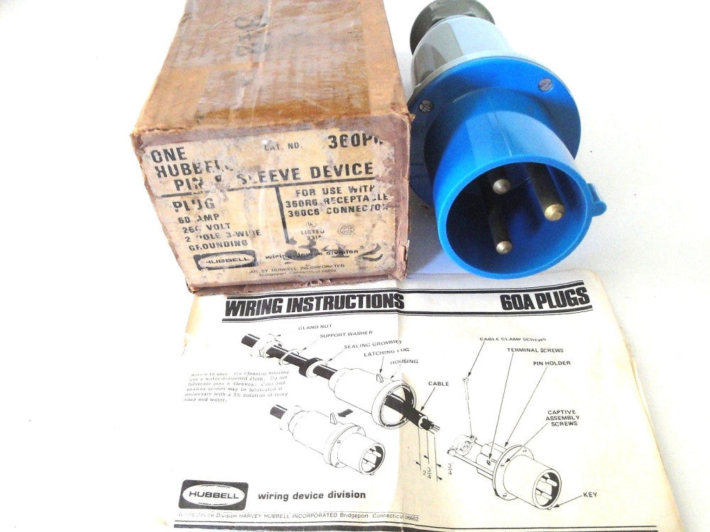 Hubbell Kellems HBL360P6 Wiring Device Plug 60A 3 Wire *No Locking Collar* NIB