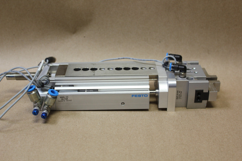 FESTO LINEAR SLIDE TABLE WITH GRIPPER P/N: DGSL-12-50-Y3A & HGPT-25-A