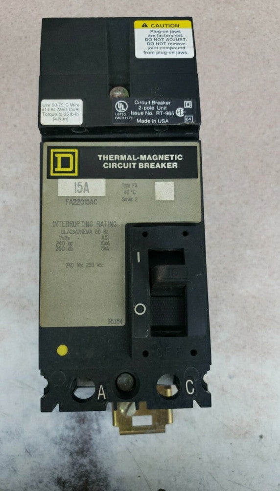 New take out SQUARE D FA22015AC 2 POLE 15 AMP 240 VOLT CIRCUIT BREAKER
