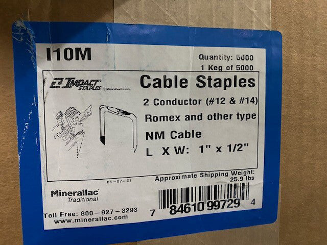 (Case of 5,000) I10M - Cully-Minerallac - Cable Staples 1" x 1/2" (NEW)