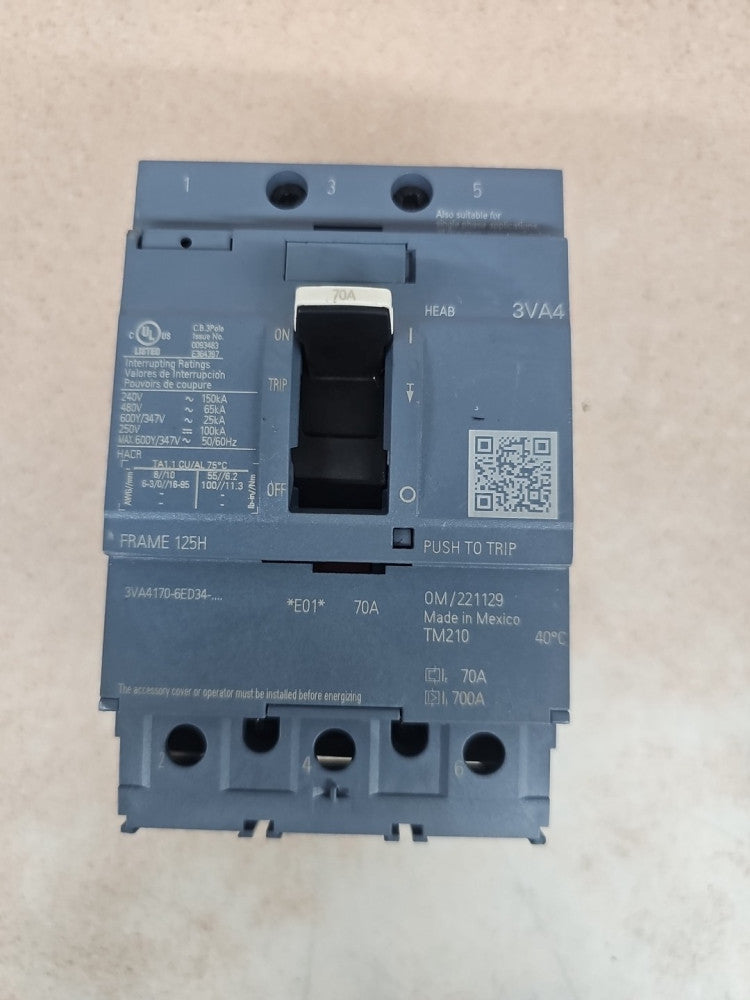 Siemens 3VA4170-6ED34-0AA0 Circuit Breaker 70A 600V 3P Bolt On 70 Amp 3 Pole NTO