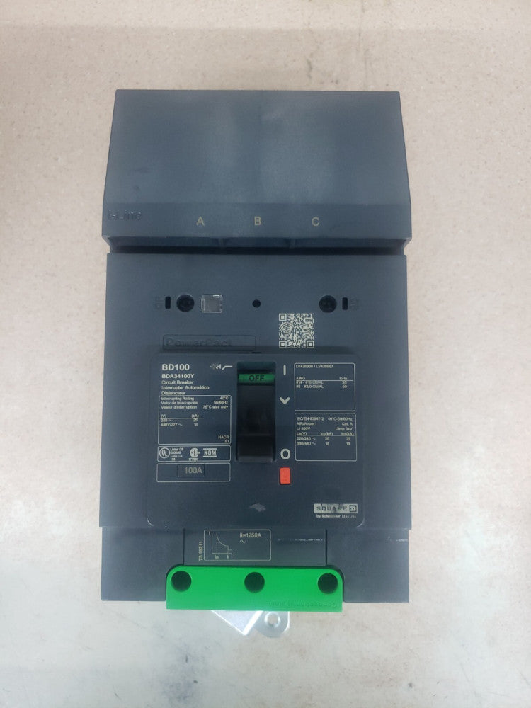 New Take Out Square D BDA34100Y 100 amp Powerpact 480v I line Circuit Breaker