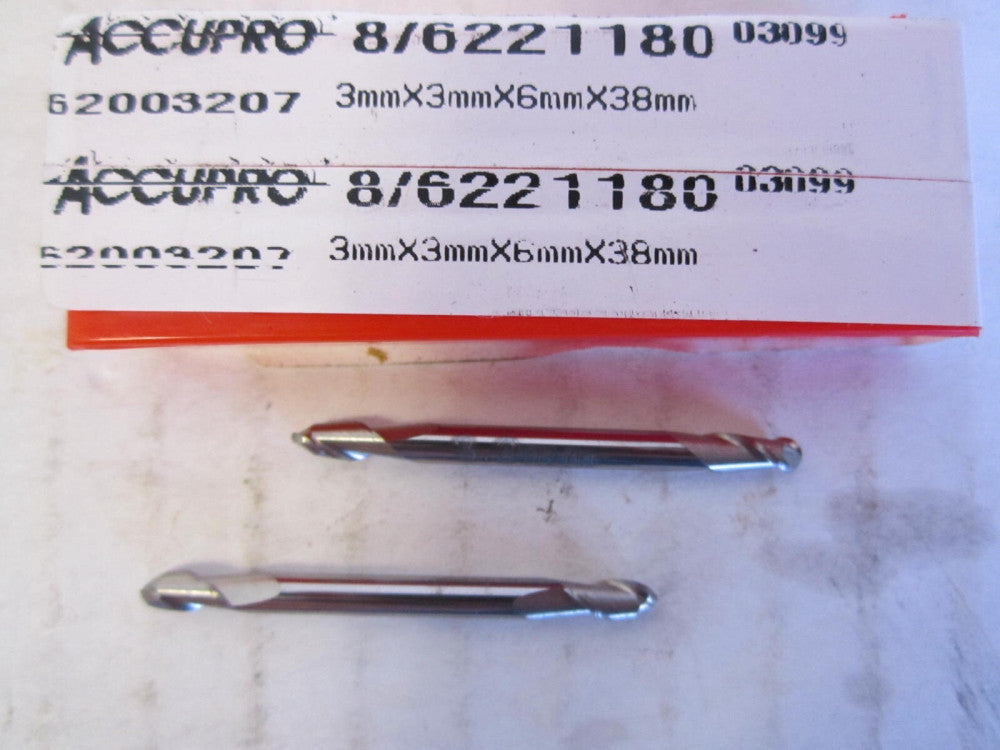 3 x 3 x 6 x 38mm Solid Carbide 2-Flute Double Ball Endmills New - Lot of 2