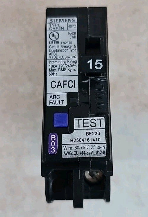 Siemens QA115AFCN Arc Fault Circuit Breaker, 15A, 1 Pole, 120V NTO