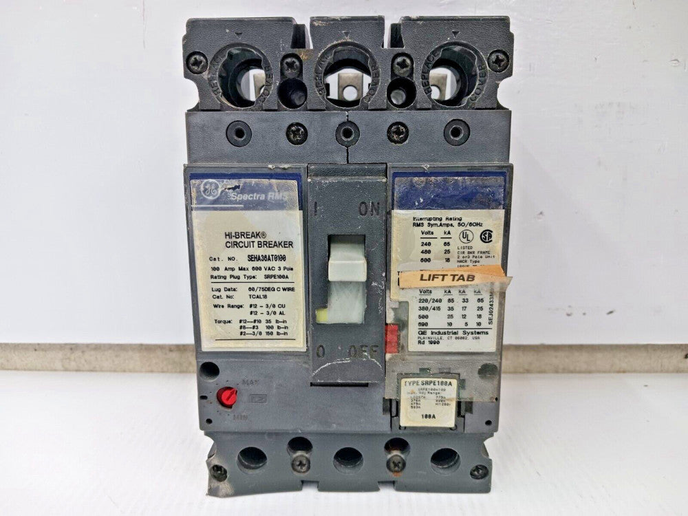 GE 100 AMP CIRCUIT BREAKER 3 POLE 600 VAC 65kA SEHA36AT0100 W/ 100 AMP TRIP PLUG