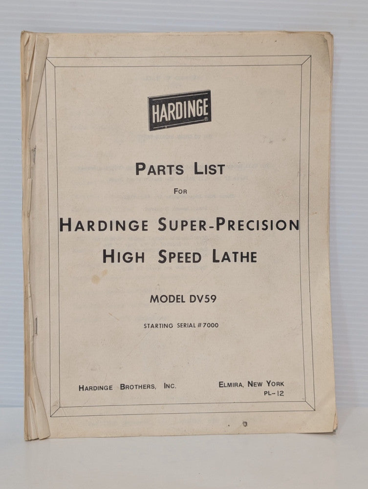 Hardinge Model DV59 Super Precision High Speed Lathe Parts List, as shown