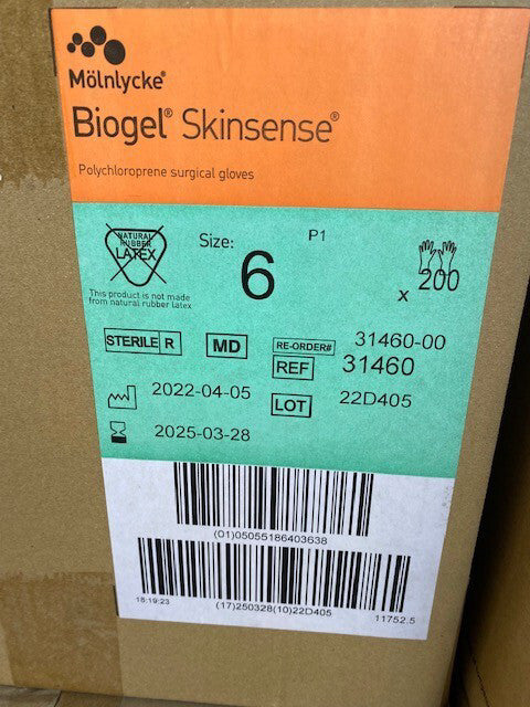*200-Pair* Molnlycke 31460 Biogel SIZE 6 Skinsense Surgical Gloves PF EXP 3/2025