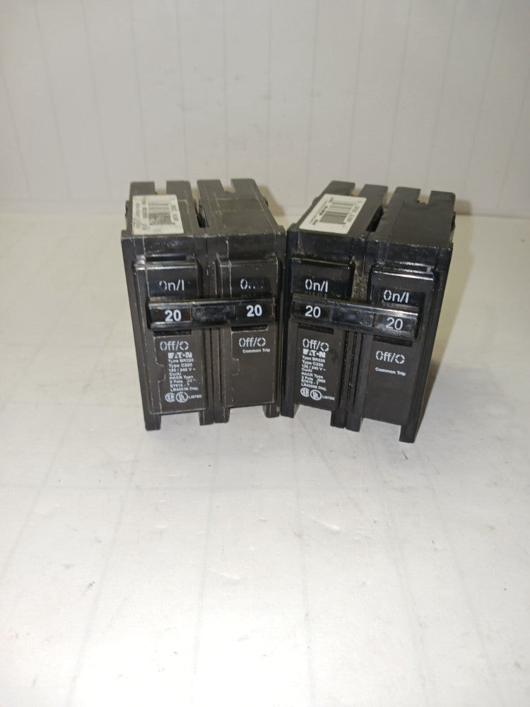 2) EATON BR220 20 AMP CIRCUIT BREAKER PLUG IN 120/240 VAC