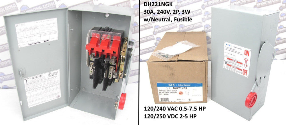 EATON - DH221NGK - FUSIBLE SAFETY SWITCH w/NEUTRAL - Max 24V 30A 7.5HP 3W 2P