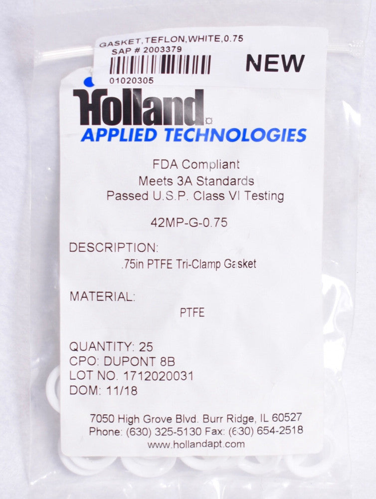 25 Count Holland Tech White Mini Tri-Clamp Gaskets 3/4" PTFE 42MP-G-0.75
