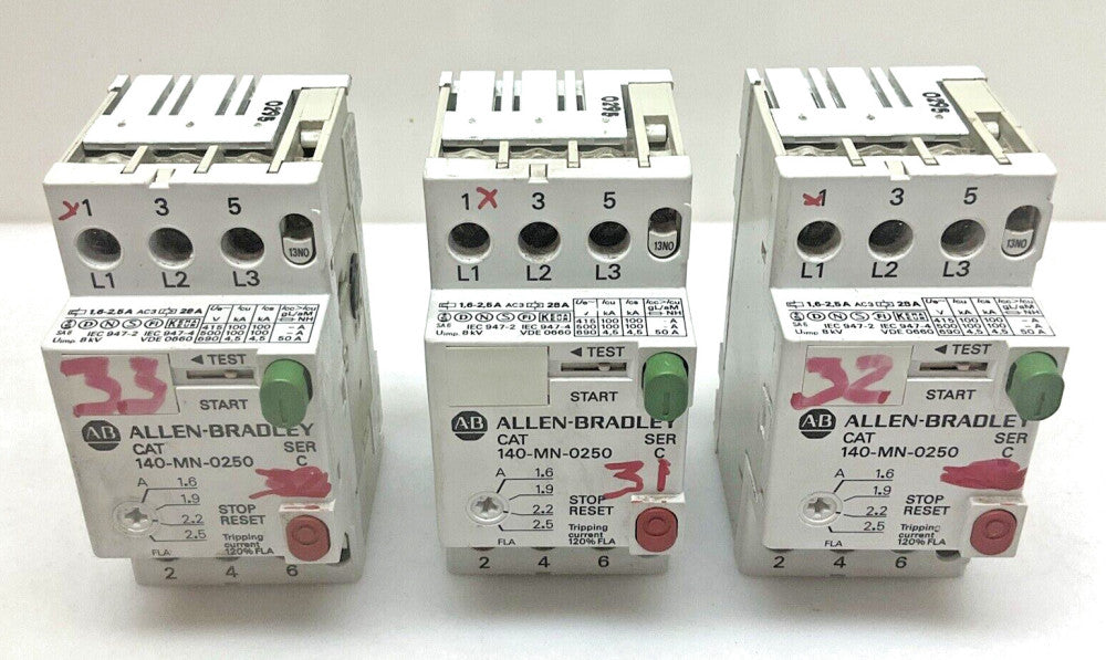 3 Pack Allen-Bradley 140-MN-0250 Motor Starter Ser. C 600V 2.5A 3Ph 3 Pole Used