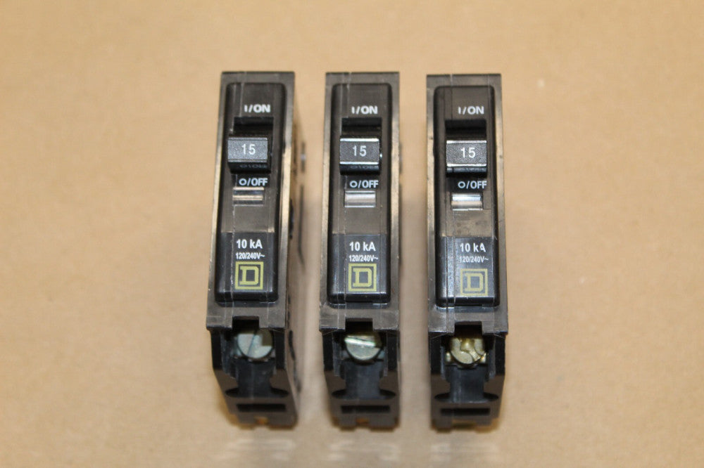 Lot of 3 Square D QO115 Single Pole 15 Amp Circuit Breakers