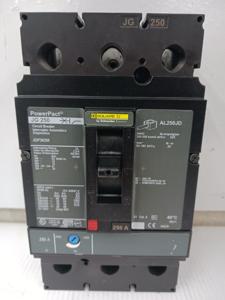 SQUARE D 250 AMP POWERPACT CIRCUIT BREAKER 3 POLE 600 VAC / 250 VDC JGP36250