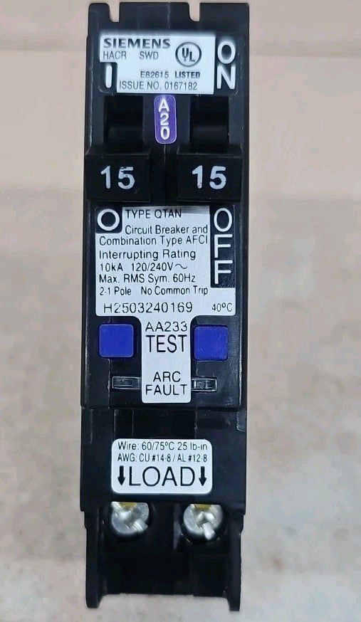 NNB SIEMENS Q1515AFCN TANDEM 15 AMP Duplex Arc Fault Circuit Breaker