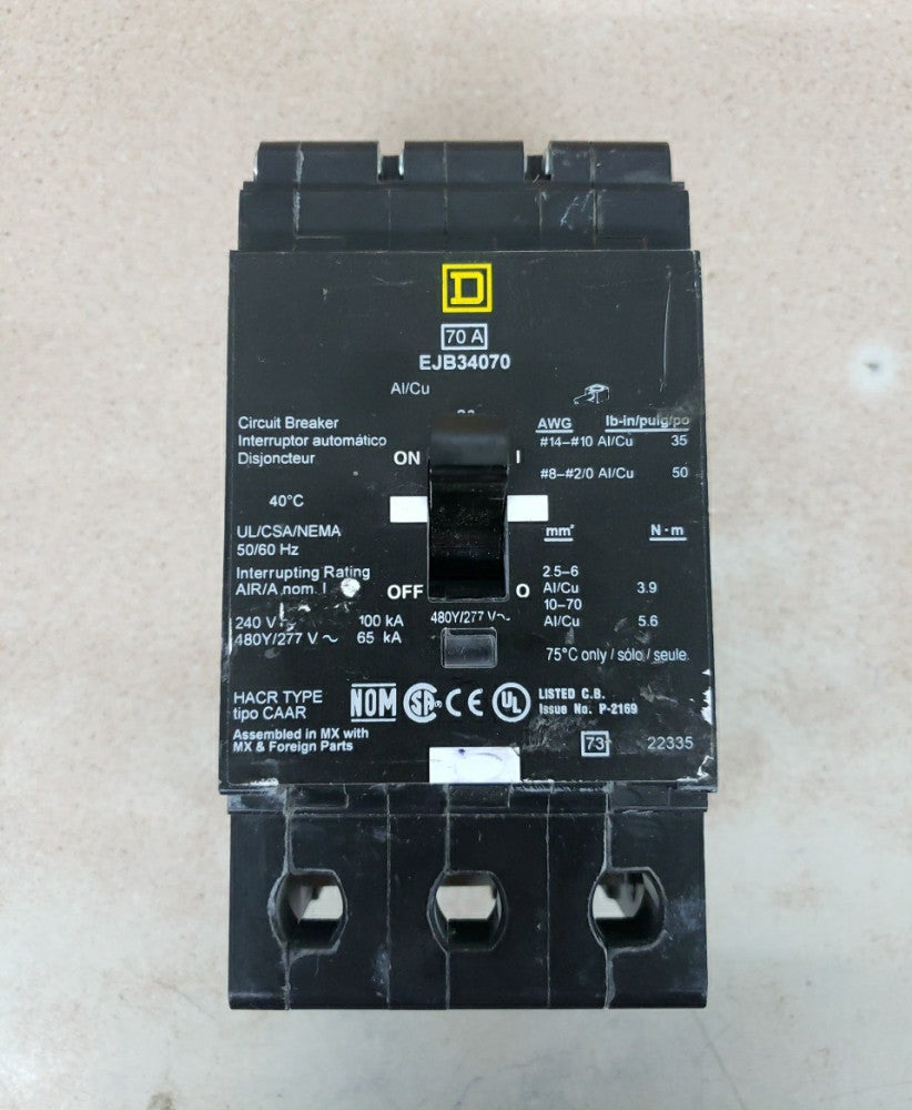Square D EJB34070 Mini Circuit Breaker 65kA 70 Amp 3-Pole 3-Phase Bolt On NTO