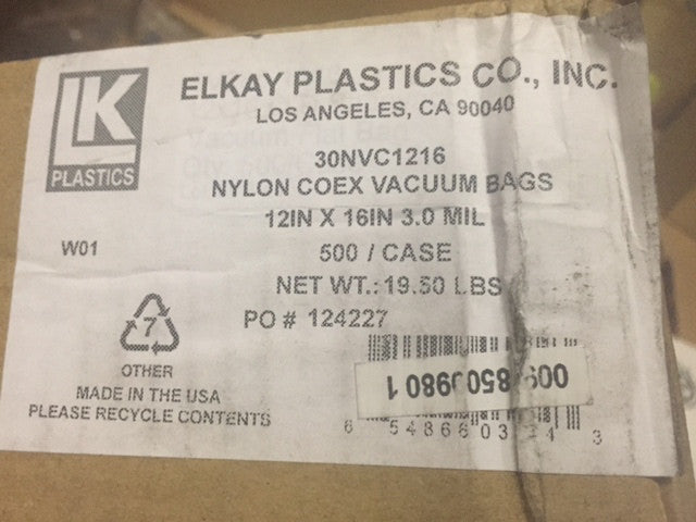 Elkay Plastics 30NVC1216 3 mil Co-Extruded Vacuum Pouch, 12" x 16", Clear (NEW)