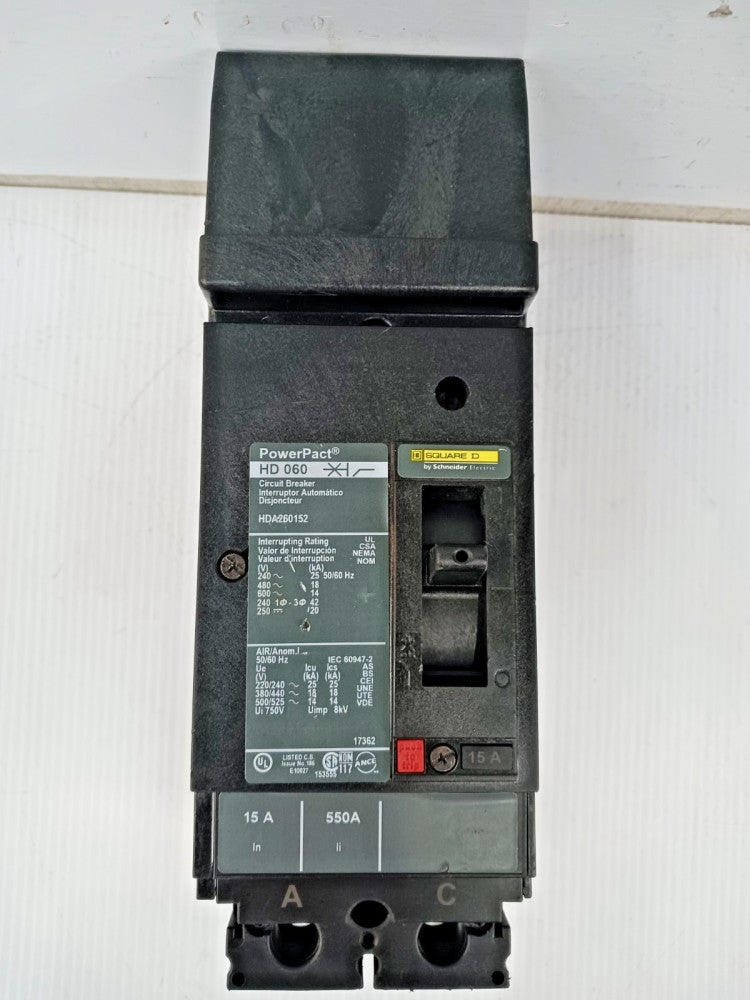 New Square D PowerPact 15 Amp I-Line Circuit Breaker 2 Pole 600 VAC HDA260152
