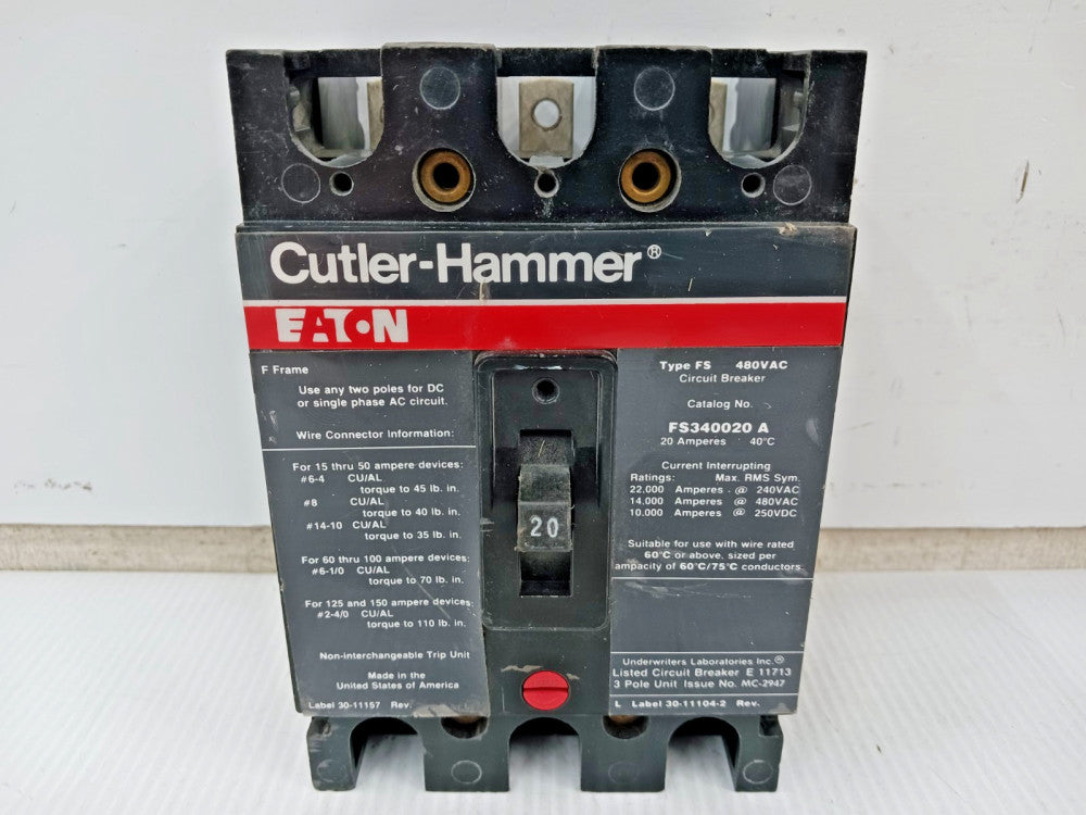 Eaton 20 Amp Circuit Breaker 3 Pole 480 VAC / 250 VDC 14kA FS340020 A
