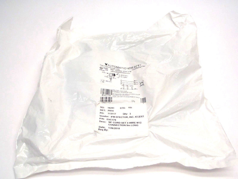 IFM EVC179 90° Angled PLC Cordset M12 Connector 5m 10-36VDC 4A