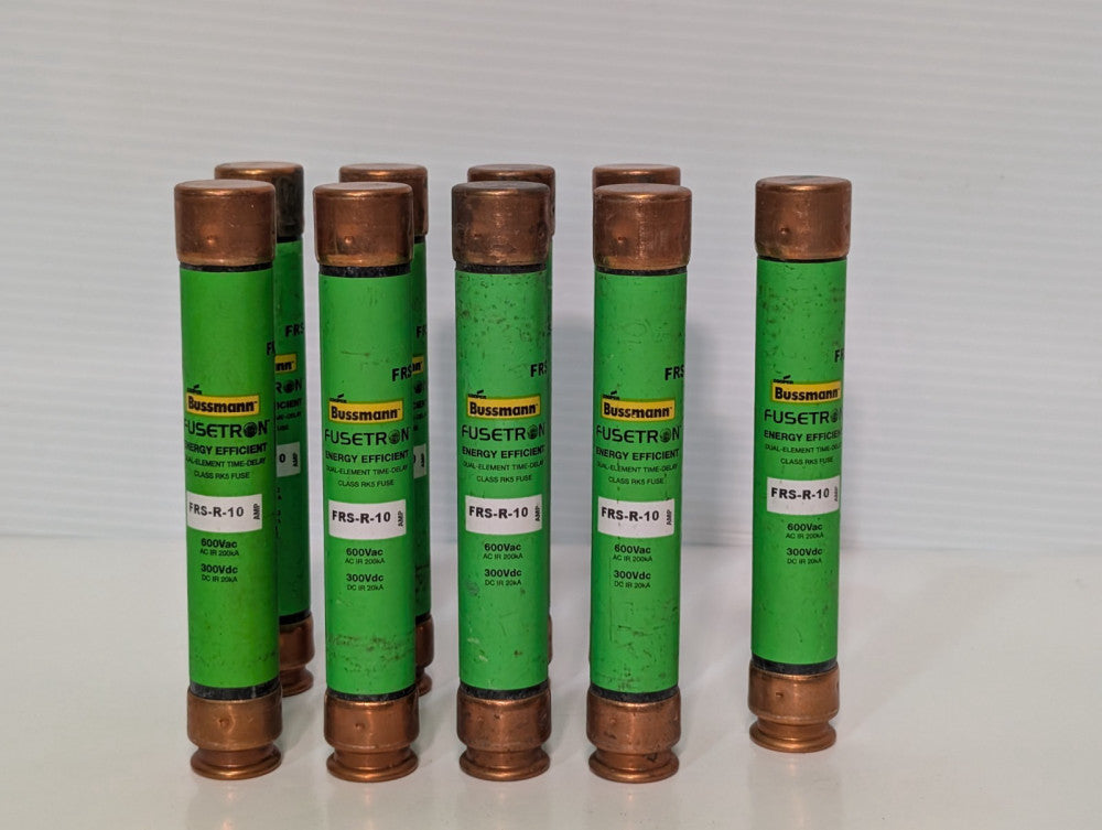 Lot of 9 Bussmann Fusetron FRS-R-10A, Dual Element, Class RK5, Time Delay Fuses